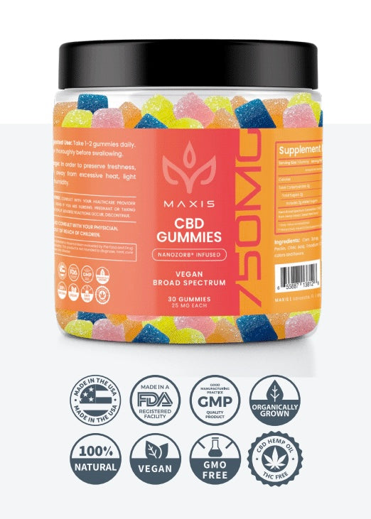 MAXIS - Nano Broad Spectrum CBD Assorted Fruit Gummies | 25mg per serving.